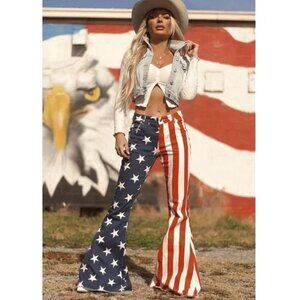 Ranch Dressn American Flag Super Flares Jeans Raw Hem Mid Rise Patriotic Size 10